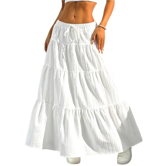 Dresses & Skirts - Boho Flowy Maxi Skirt Flared Ruffle Elastic Waist A-Line Chic Summer
